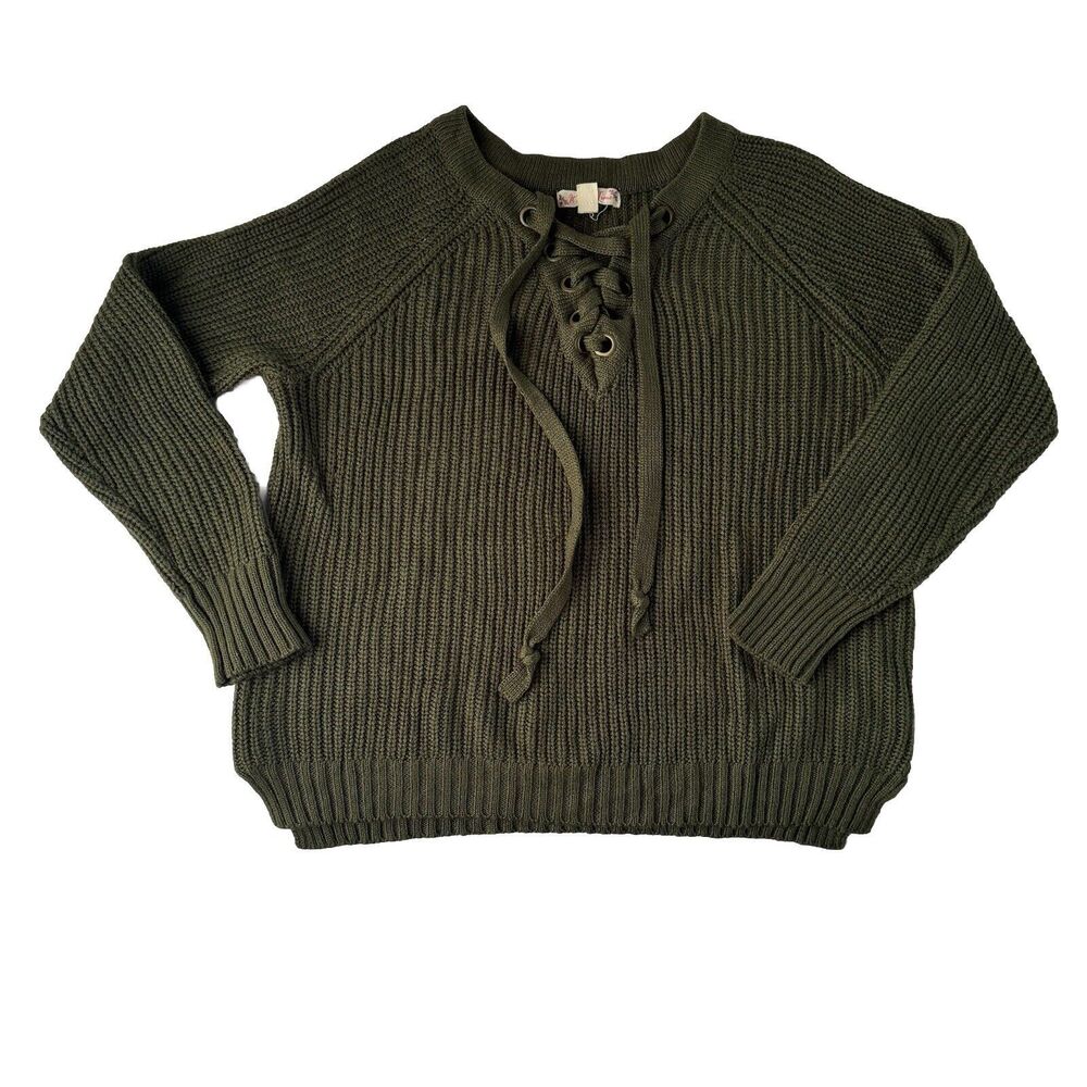 It’s Our Time V Neck Lace Up Knit Green Sweater Women’s Size Medium